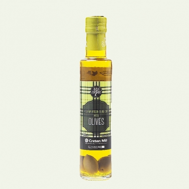 На фото изображено Масло оливковое Extra Virgin с оливками, 0,25л