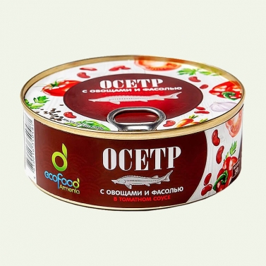 На фото изображено Осётр с овощами и фасолью в томатном соусе, 240г