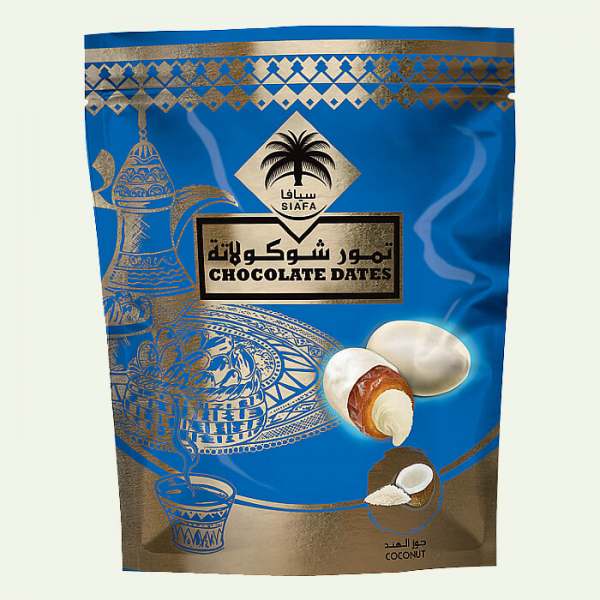 На фото изображено Финики с кокосом в белом шоколаде, 100гр