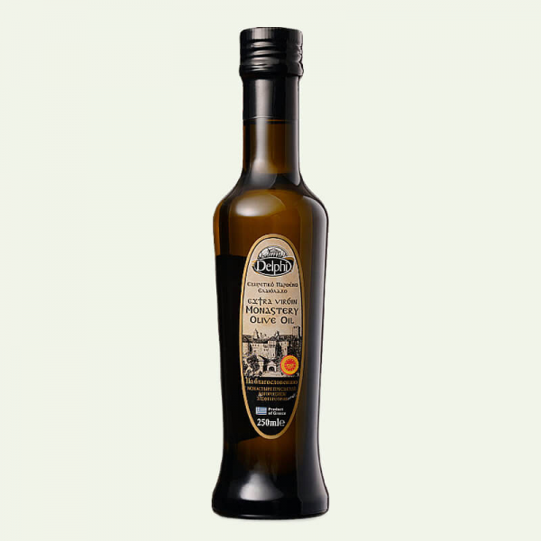 На фото изображено Масло оливковое Extra Virgin olive oil Монастырское DELPHI 0,25л