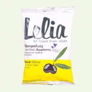 На фото изображено Оливки с косточкой черные в оливковом масле LELIA, 275г